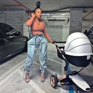 Mina Monroe DeniMM Bag Lady pants - Paper Bag Waist Denim Jeans - Size L